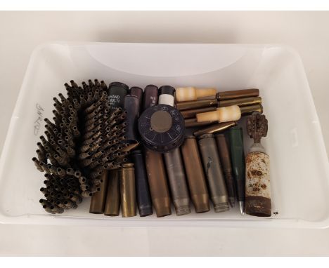 A box of mixed military ordnance and 'linked' 7.62mm cases