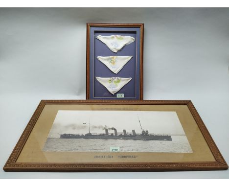 A French photograph of Croiseur Leger (Light Cruiser) 'Thionville', 15 1/2" x 31 1/2", with three silk handkerchiefs, both fr
