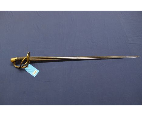 A French Cavalry Troopers sword with 36" double fullered blade and brass three bar cast hilt (faintly maker marked and dated)