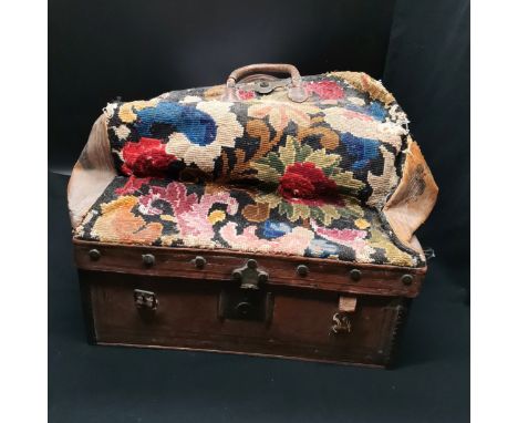 Antique tapestry leather box bag in used condition. 