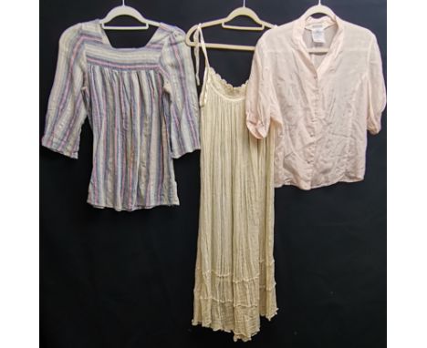 Pale pink short sleeved blouse t/w cheesecloth cream dress 83cm bust &amp; cheesecloth striped top 78cm bust by Dorthey Perki