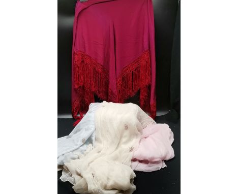 2 long metal thread embroidered shawls t/w burgundy piano shawl and plain pink chiffon scarf 