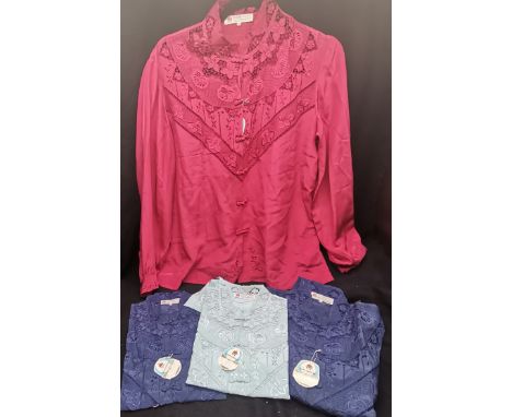 Chinese 70s unused silk hand embroidered re blouse t/w 3 others in new condition 