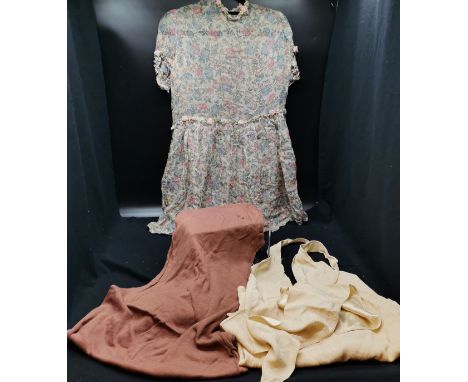 Short fine chiffon floral print dress 86cm bust trimmed with floral braiding t/w brown t shirt dress by Fiorucci and a halter