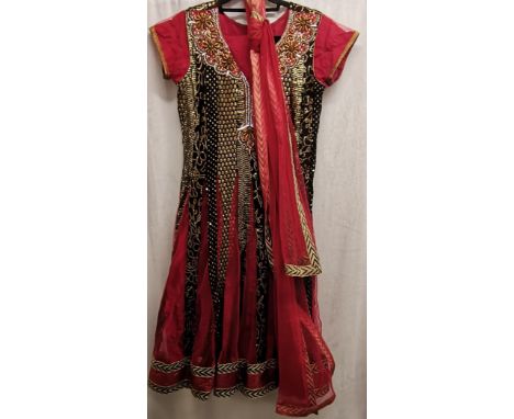 Vintage Indian heavily beaded short sleeved dress with trousers and scarf. Bust 84cm. In good condition. 