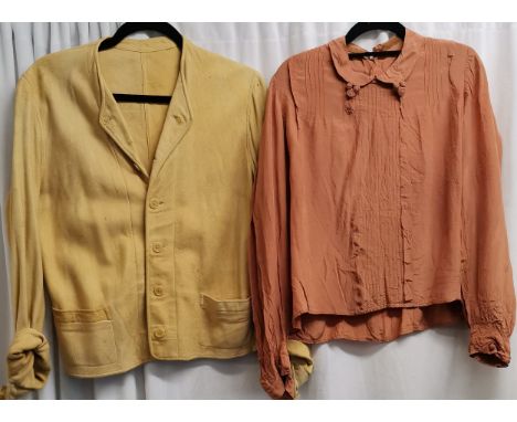 2 1930s garments, mustard suede jacket, slight markings 100cm bust , and coral blouse 96cm bust 