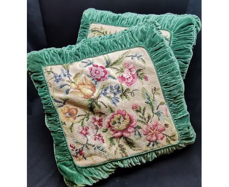 Pair of green velvet tapestry cushions feather filled in good condition. 