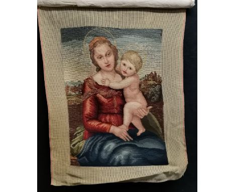 Tapestry of virgin &amp; child t/w crewelwork on board in good condition t/w crewelwork on board of birds 