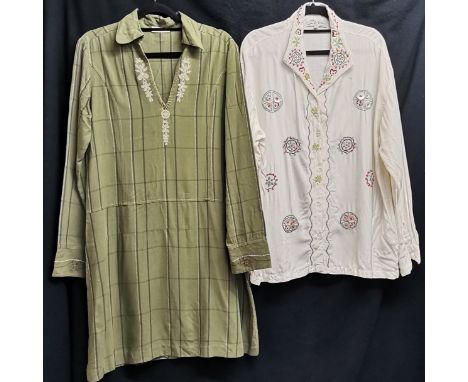 2 vintage blouses, green check with embroidery to neck and cuffs 92cm bust, t/w cream blouse embroidered with sequins and pea