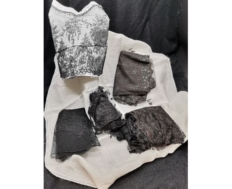 3 pieces of black lace, 3 pieces of chantilly black lace t/w fine white lawn embroidered with black silk 