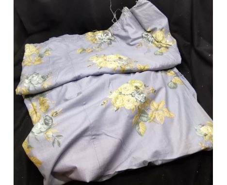 Pair of linen lined blue curtains with rose floral pattern 112cm x 230cm some fading and some damage 