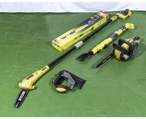 Ryobi One+ 18v cordless lopper OLP 1832B, an 18v cordless pole pruner OPP 1820 and a chainsaw OCS1830 together with a 5.0 AH 