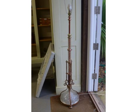 An Arts and Crafts copper, brass and cut glass adorned floor lamp on a circular base - Height 155cm 
Condition report: Good c