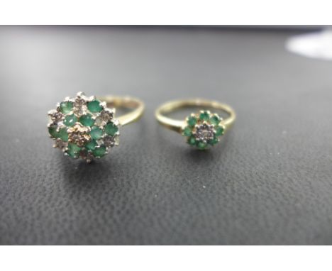 Two 9ct gold emerald and diamond cluster rings - Hallmarked London - Ring size L and Q  - Weight approx 4.2gms
Condition Repo