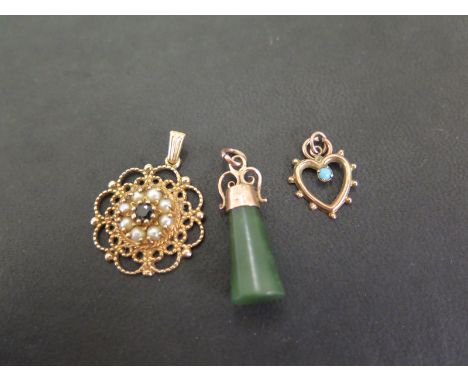 Three pendants - To include sapphire and seed pearl, nephrite jade and turquoise - All with marks indicating 9ct gold - Lengt