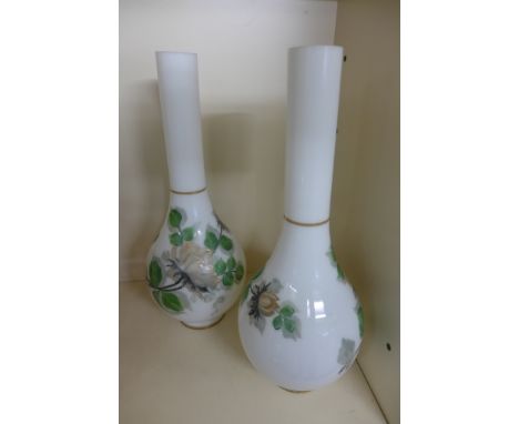 A pair of large opaline glass oil lamp shades, hand decorated with roses, possibly American - Height 47cm 
Condition report: 