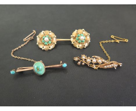 Three brooches - To include turquoise and seed pearl - Tests as 9ct gold - Widths 4 -5cms - Total weight approx 13.5gms
Condi
