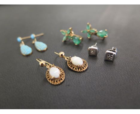 Four pairs of earrings - To include emerald, turquoise, diamond and opal - With marks or testing as 9ct gold - Lengths 0.5 - 