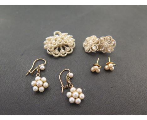 Two pairs of cultured pearl earrings - Lengths 0.8 and 3cms - Together with a pair of seed pearl earrings and matching brooch
