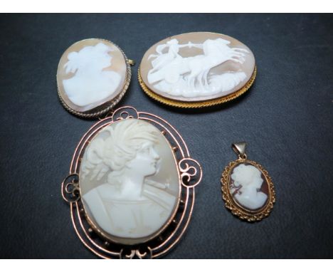 Three shell cameo brooches - Together with a a similar pendant - Frames with marks indicating 9ct gold - Total weight approx 