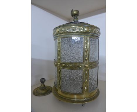 A brass and glass lantern - Height 31cm x 19.5cm - glass good, some slight bending to brass work, top hanger needs re attachi