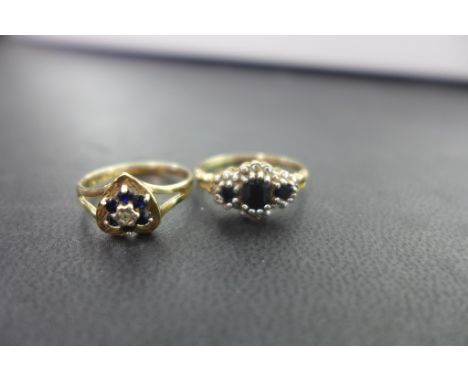 Two 9ct gold sapphire and diamond cluster rings - Hallmarked Birmingham - Ring sizes K 1/2 and N - Total weight approx 3.6gms