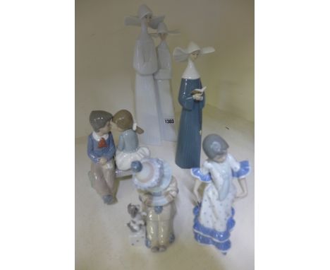 Four Lladro figures including No. 4611 - two Nuns, 5500 single Nun, Girl striking flamenco pose C-10-D, Clown with Poppy D-12