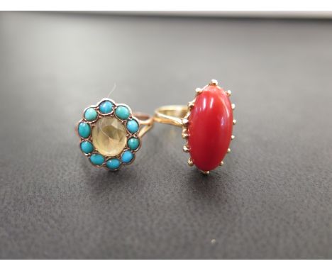 A coral single-stone ring - Tests as higher carat gold - Ring size N - Weight approx 4.0gms - Together with a citrine and tur