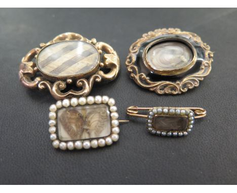 Four memorial brooches - All with woven hair detail, two within a seed pearl surround - Widths 2.5 - 5cms - Frames test as 9c