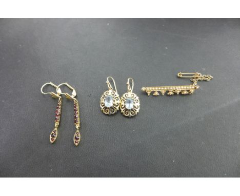 Two pairs of ear pendants - To include topaz and Bohemian garnet - Both with marks indicating 9ct gold - Lengths 4.5 and 2.7c