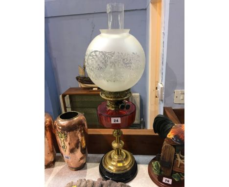 Oil lamp with cranberry glass reservoir