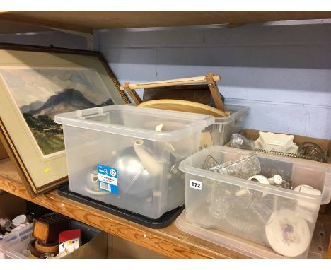Shelf of assorted, glass, pictures etc.