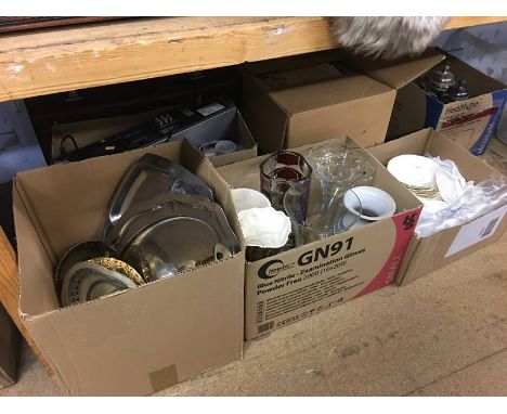 Shelf of assorted, brass, china, glass etc.