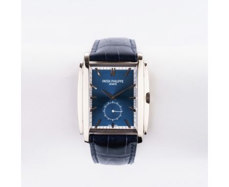 Patek Philippe. Herren-Armbanduhr 'Gondolo'. 2018. 18 kt. WG, gest., Handaufzug, Ref. 5124G-011, Kaliber 25-21 REC PS. Blaues