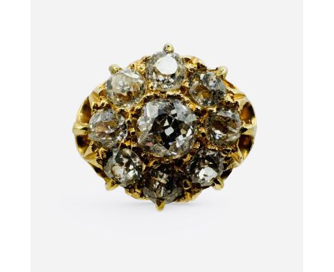 A Victorian Belcher set diamond cluster ring, set with an estimated 1 carat of old mine cut diamonds.  Hallmarked for EC, Bir