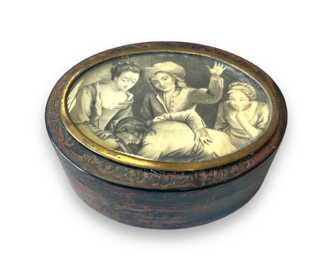 ***AWAY***

A 19th Century George III tortoiseshell snuff box. The lid inset with pencil drawing parlour games. Approximately