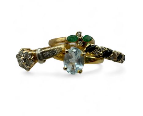 A diamond cluster ring, together with three other gem set rings. The diamond ring, unmarked, tests as 14ct gold, size I; an e