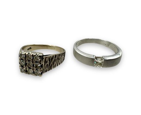 Two diamond set dress rings. Comprising a tension set 0.25 carat estimated&nbsp; princess cut solitaire diamond, with a satin