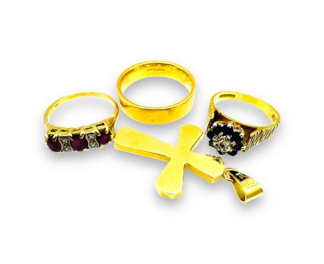 A collection of 18ct gold jewellery. Comprising an 18ct hallmarked gold band ring, size V; a ruby and diamond set half hoop r