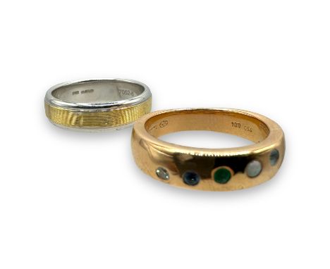 An 18ct yellow and white gold band ring, together with a gem set "750" stamped rose colour band ring. The two tone gold ring 