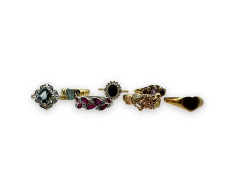 A collection of gold dress rings - six in 9ct gold and a further 585 marked diamond and topaz ring.   Comprising a n unmarked