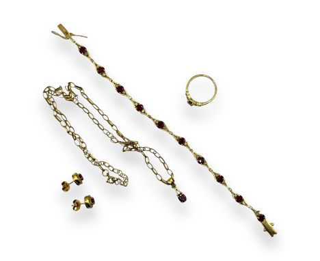 A suite of ruby and diamond set jewellery  Comprising an "18c" stamped ruby and diamond bracelet, approximate length 18.5cm, 