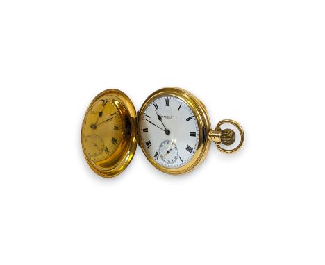 An early 20th century 18ct yellow gold full hunter pocket watch. With a white enamel dial signed "Schierwater & Lloyd Liverpo