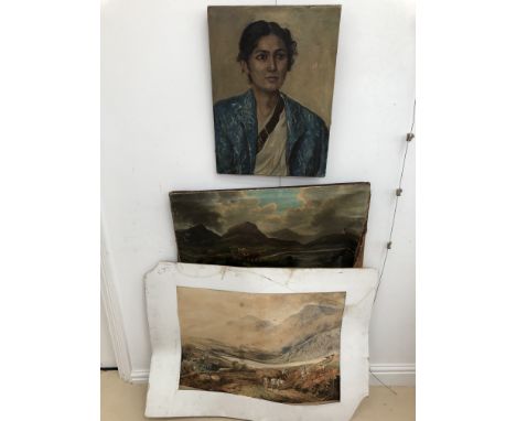 Three pictures to inc an Edwardian portrait, oil on canvas, watercolour etc