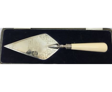 A cased HM silver and ivory handled presentation trowel to "Lady Huntingfield to commemorate the laying of the Foundation Sto