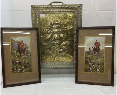 A brass ship's fire screen; together with two hunting prints