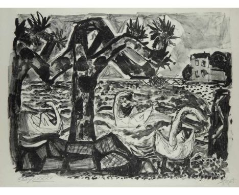   OTTO DIX  1891 Gera - 1969 Singen    'BODENSEELANDSCHAFT (MIT SCHWÄNEN, 1965)'     Lithografie auf Japanpapier. DM 49 x 65,