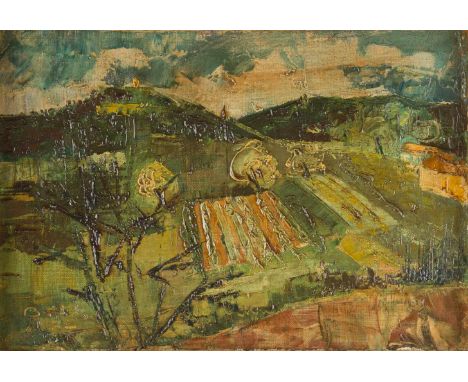   EXPRESSIONIST  Tätig 20. Jh.    FELDLANDSCHAFT     Öl bzw. Acryl auf Leinwand. 24,5 x 35 cm (R. 27 x 38 cm). Unten links un