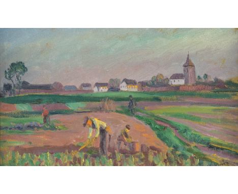   HEINZ KROH  1881 Köln - 1972 Dortmund    BEI DER FELDARBEIT     Öl auf Platte. 29 x 48,5 cm (R. 33,5 x 53 cm). Unten rechts