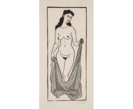  GERHARD MARCKS  1889 Berlin - 1981 Burgbrohl    'WEIBLICHER AKT MIT TUCH' (1960)     Holzschnitt auf Japanpapier. DM 38 x 1